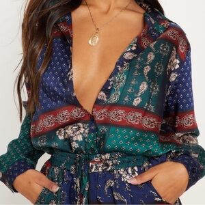 PrettyLittleThing Patchwork Paisley Green Button Down Satin Long Sleeve Blouse